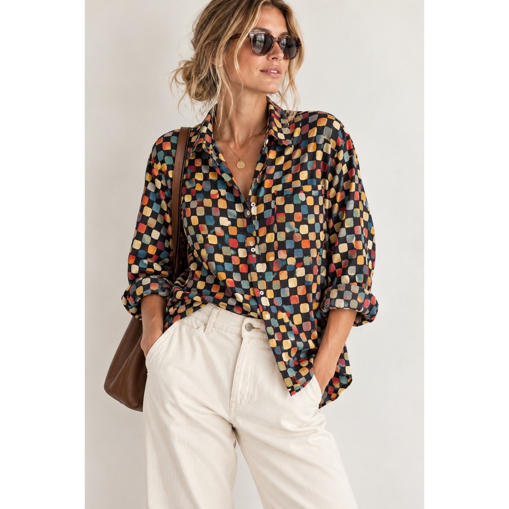 Mondo di Marco Firenze Italy Cotton Geometric Grid Button Down Shirt Large